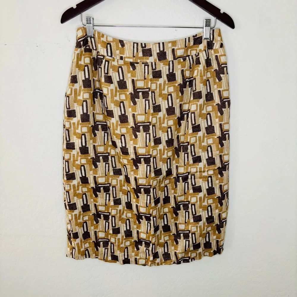 Lafayette‎ 148 New York Geometric Pencil Skirt in Brown Tan Linen Blend Size 10